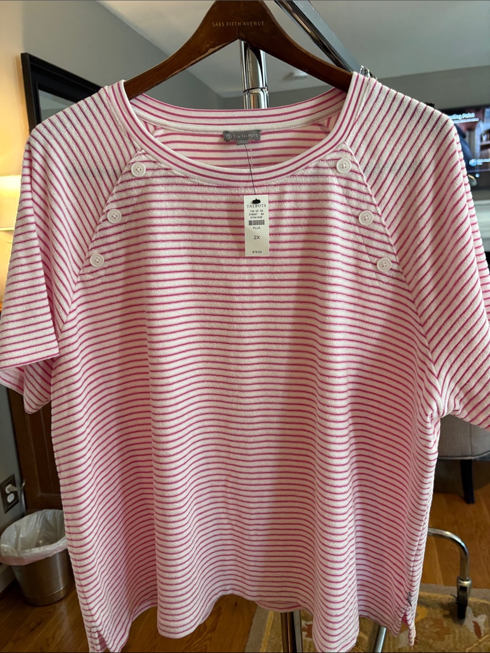 Talbots Pink and White Striped Terry Cloth Short-Sleeve Tee with Button Accents